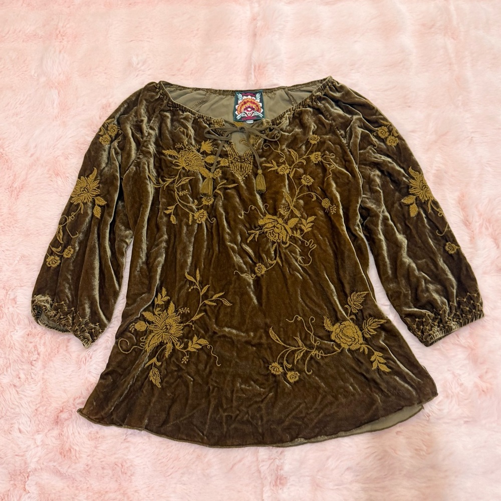 Johnny Was Golden Brown Velvet Embroidered Millie Tunic Blouse - Picture 2 of 6